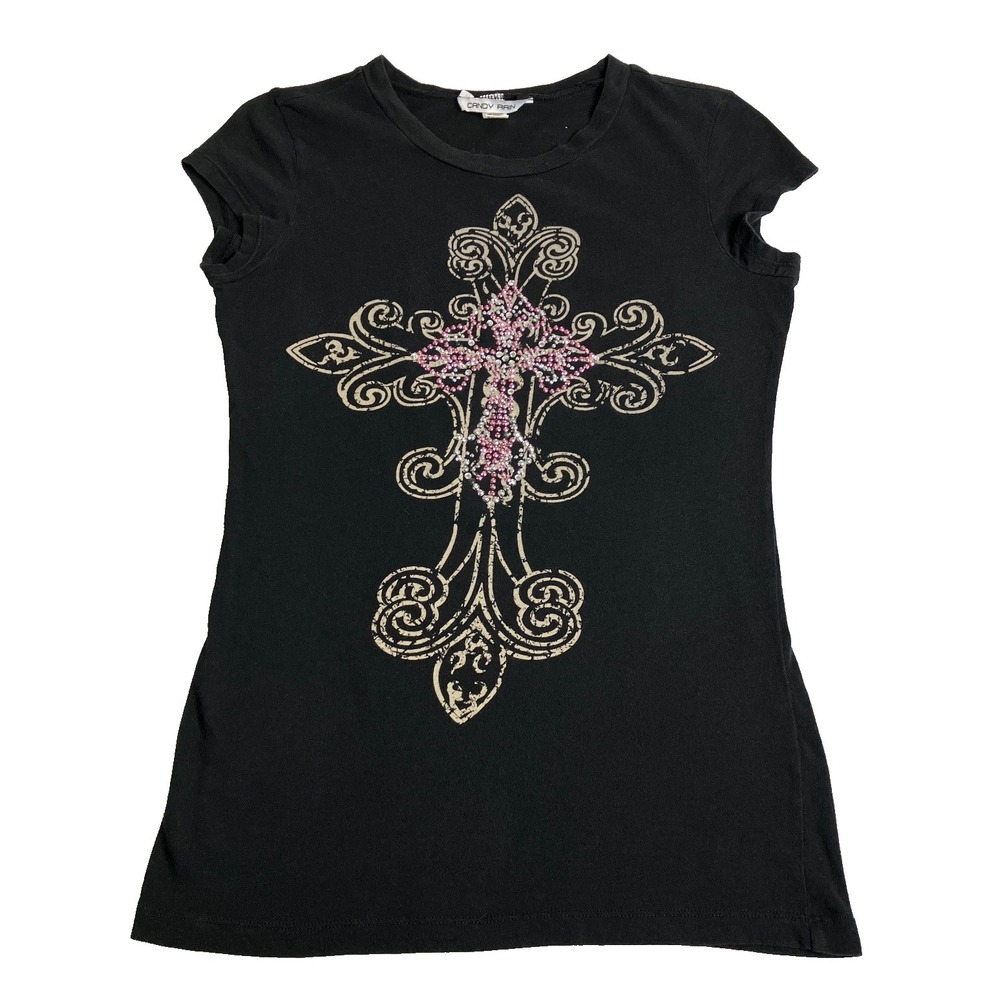 Vintage Y2K Candy Rain Top Womens L Black Embellished Cross McBling Mall Goth